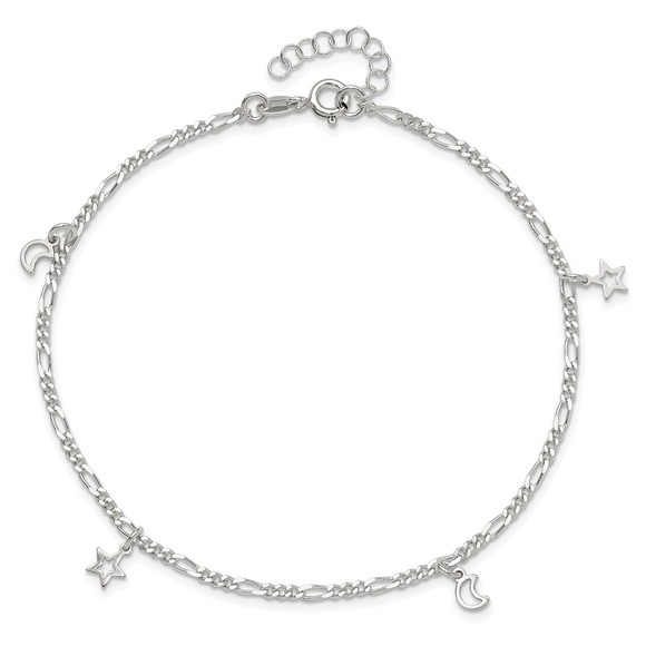 925 Sterling Silver Polished Star Charm and Moon 9" + 1" Ext. Jewelry Anklet - Picture 7 of 9